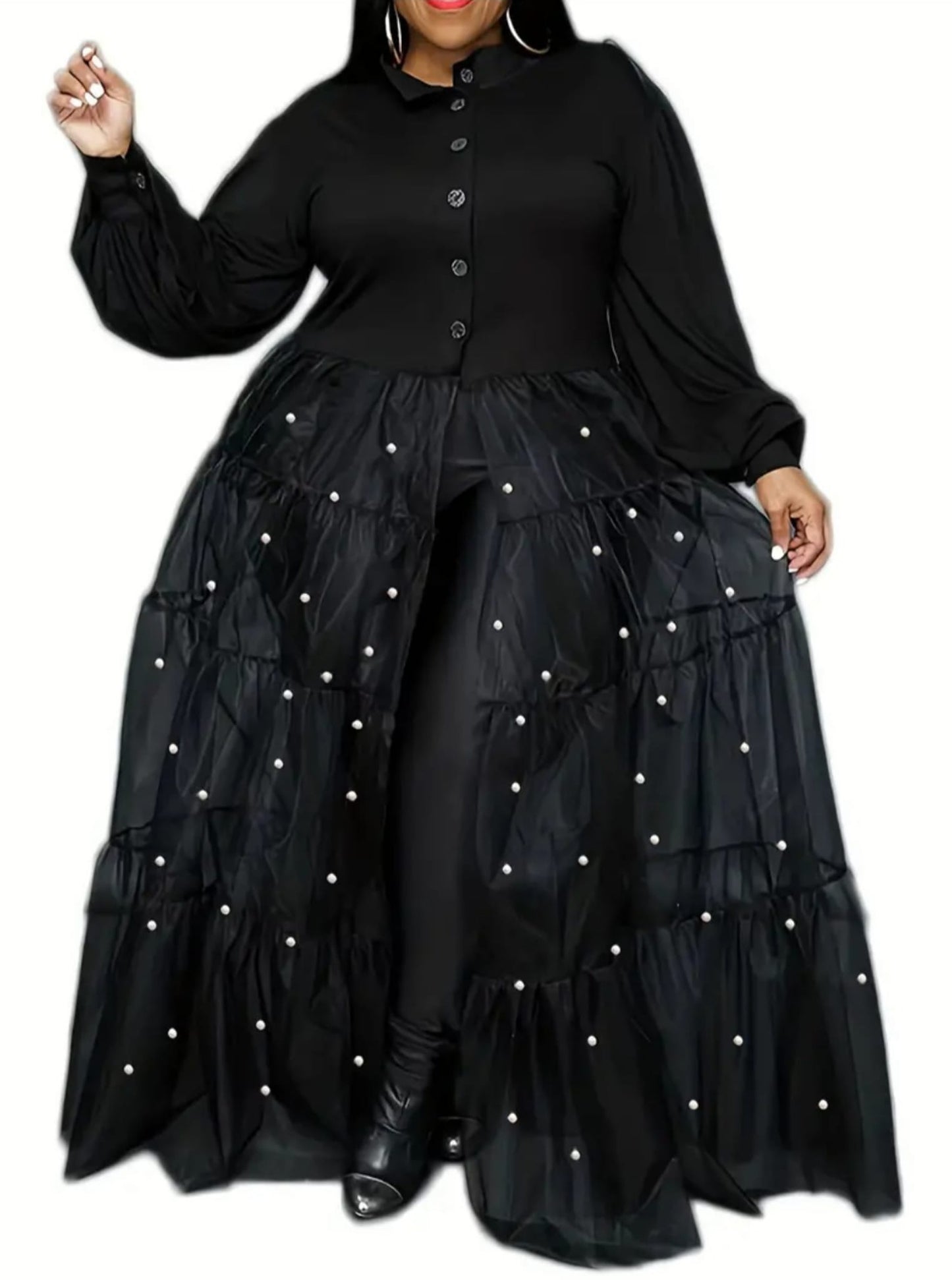 FRONT BUTTON MAXI DRESS WITH PEARLS