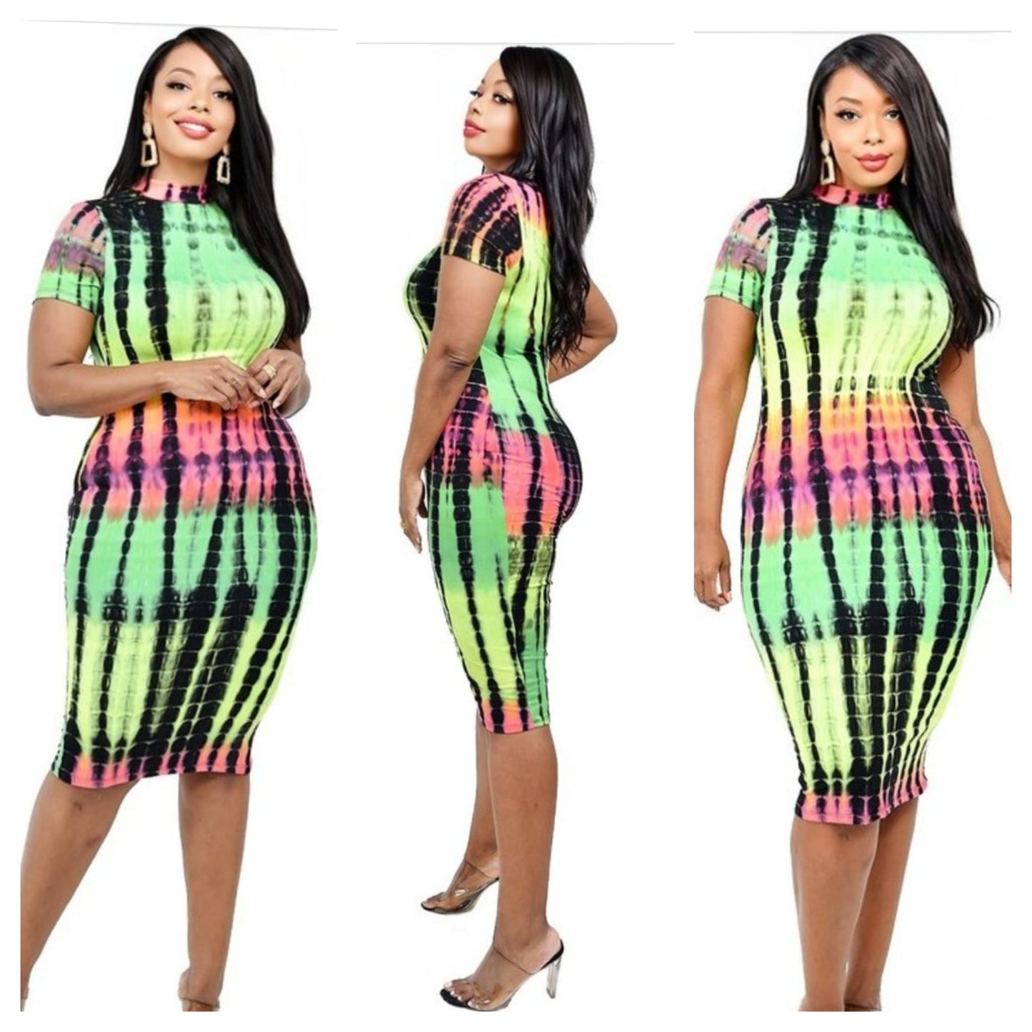 NEON GREEN TY DYE BODYCON DRESS (PLUS SIZE)