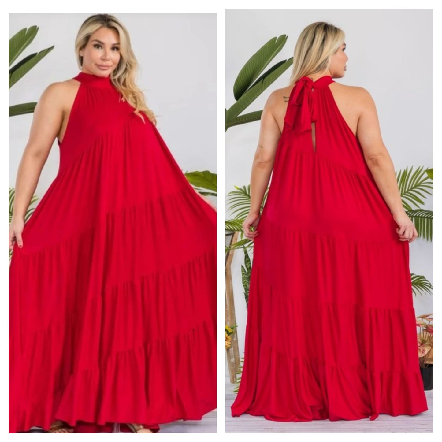 RED HALTER MAXI DRESS
