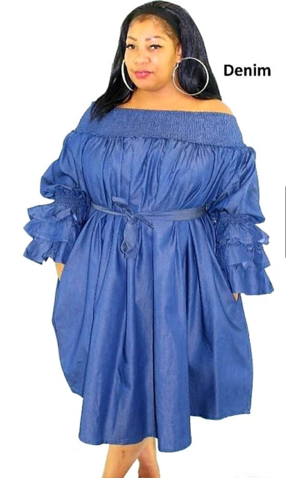 OFF SHOULDER MULTI-LAYERED DENIM DRESS (FITS SMALL-3X)