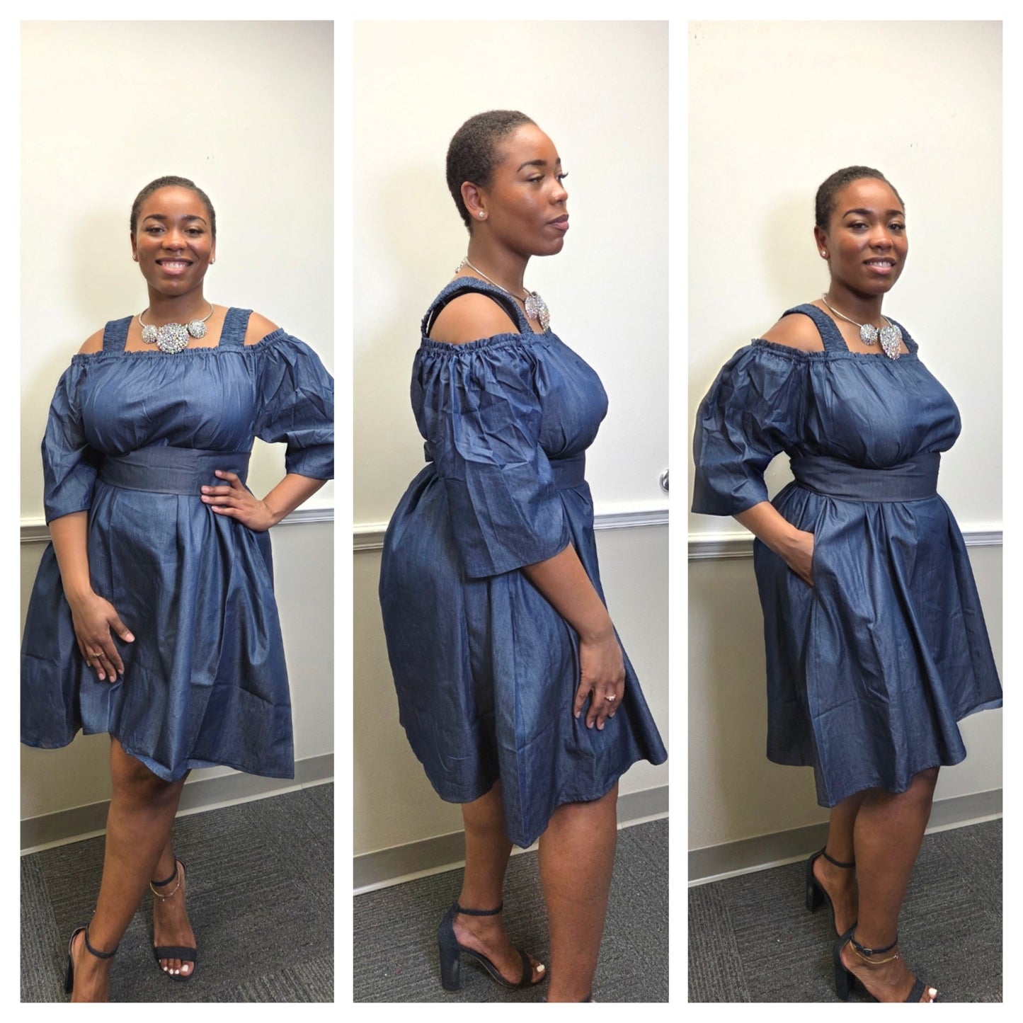 DENIM COLD SHOULDER DRESS ( FITS SMALL-3X)