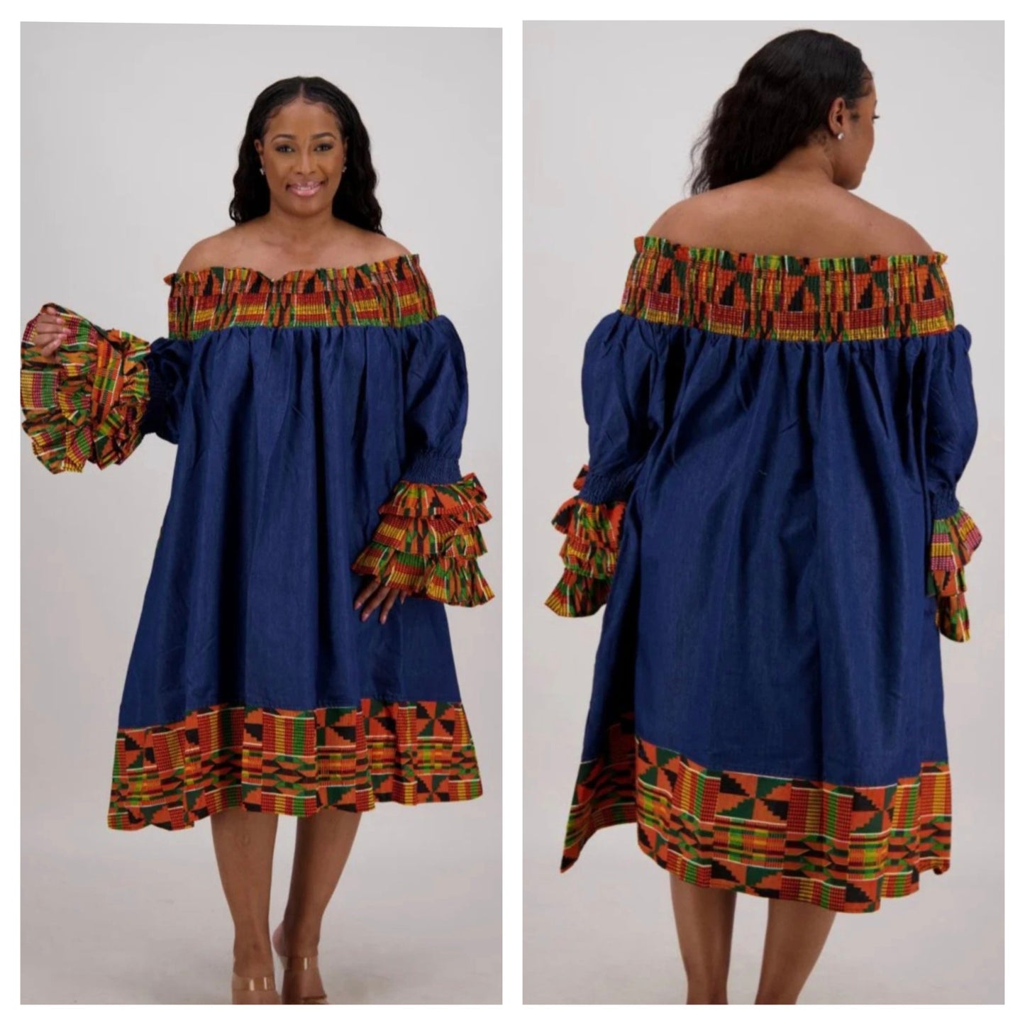 DENIM KENTE PRINT DRESS (FITS SMALL-3X)