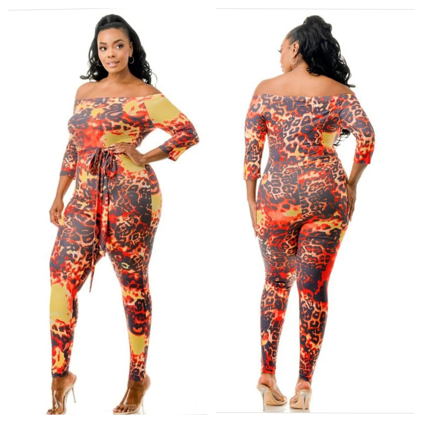 OFF SHOULDER ANIMAL PRINT WAIST TIE JUMPER