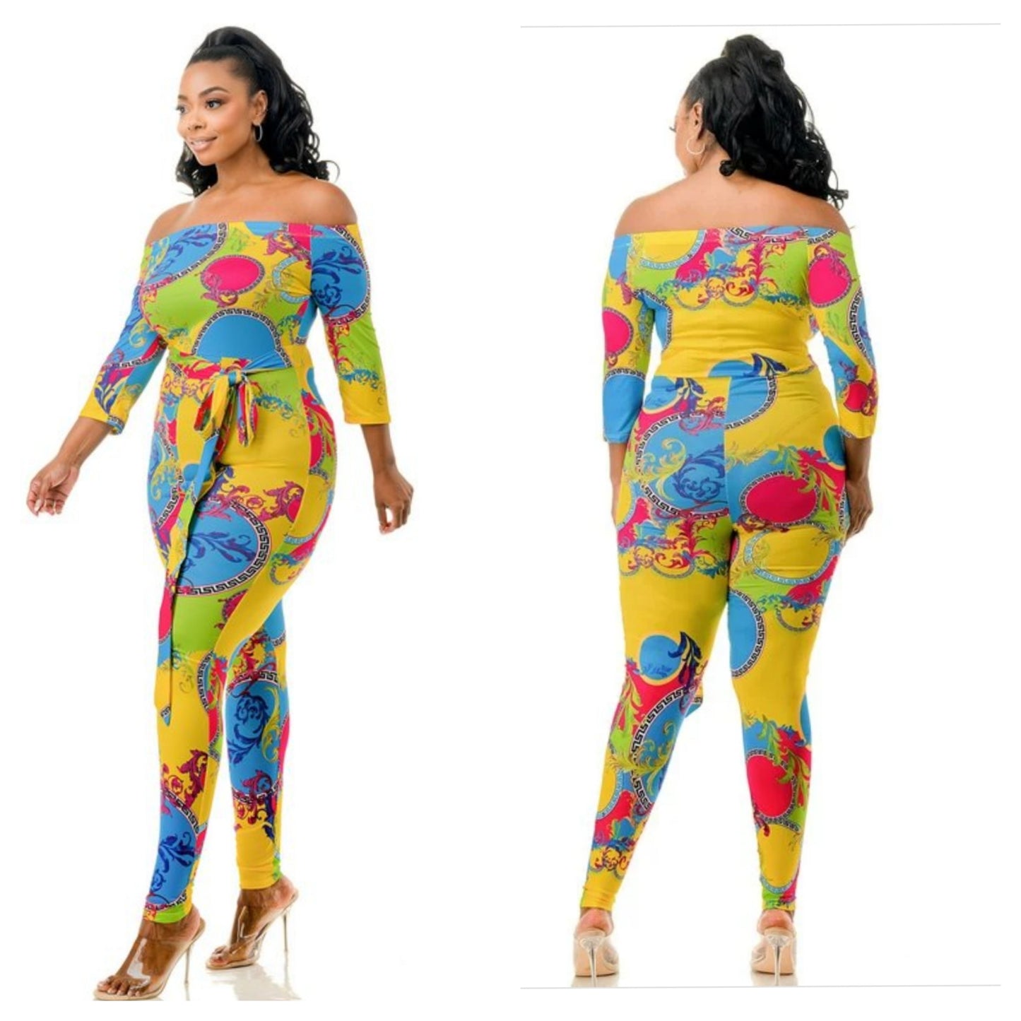 OFF SHOULDER MEDALLION WAIST TIE JUMPER