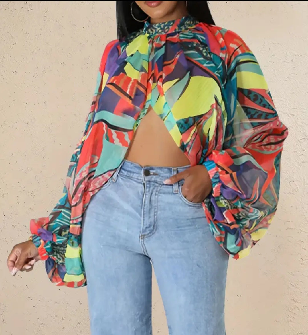 GRAPHIC MULTI-COLOR SHEER TOP