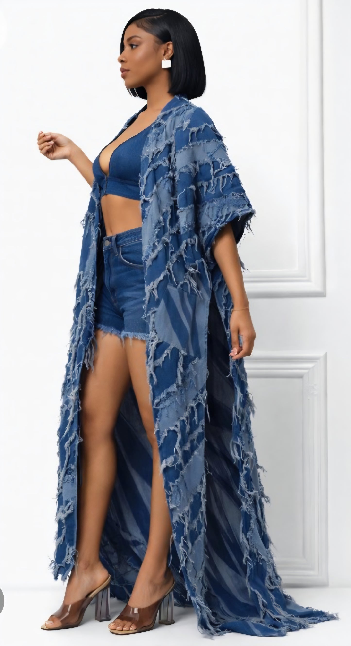 FRAYED DENIM KIMONO JACKET