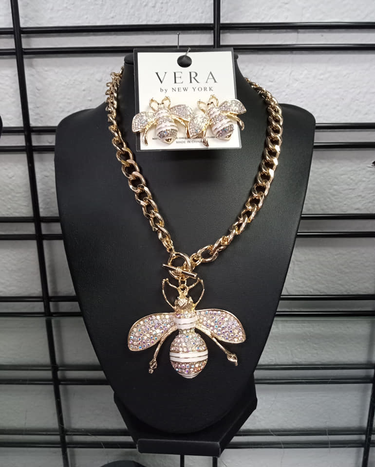 IRIDESCENT BUMBLE BEE NECKLACE & EARRING SET