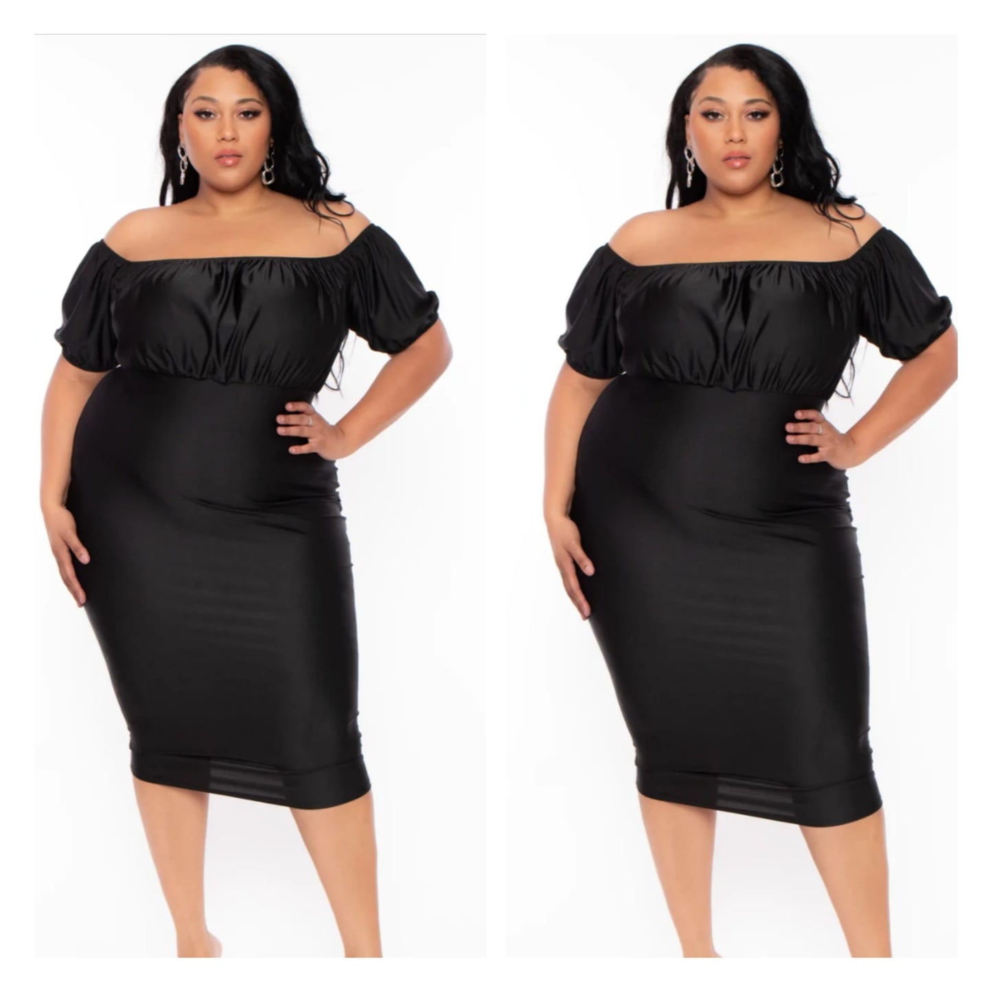 OFF SHOULDER SATIN BODYCON DRESS