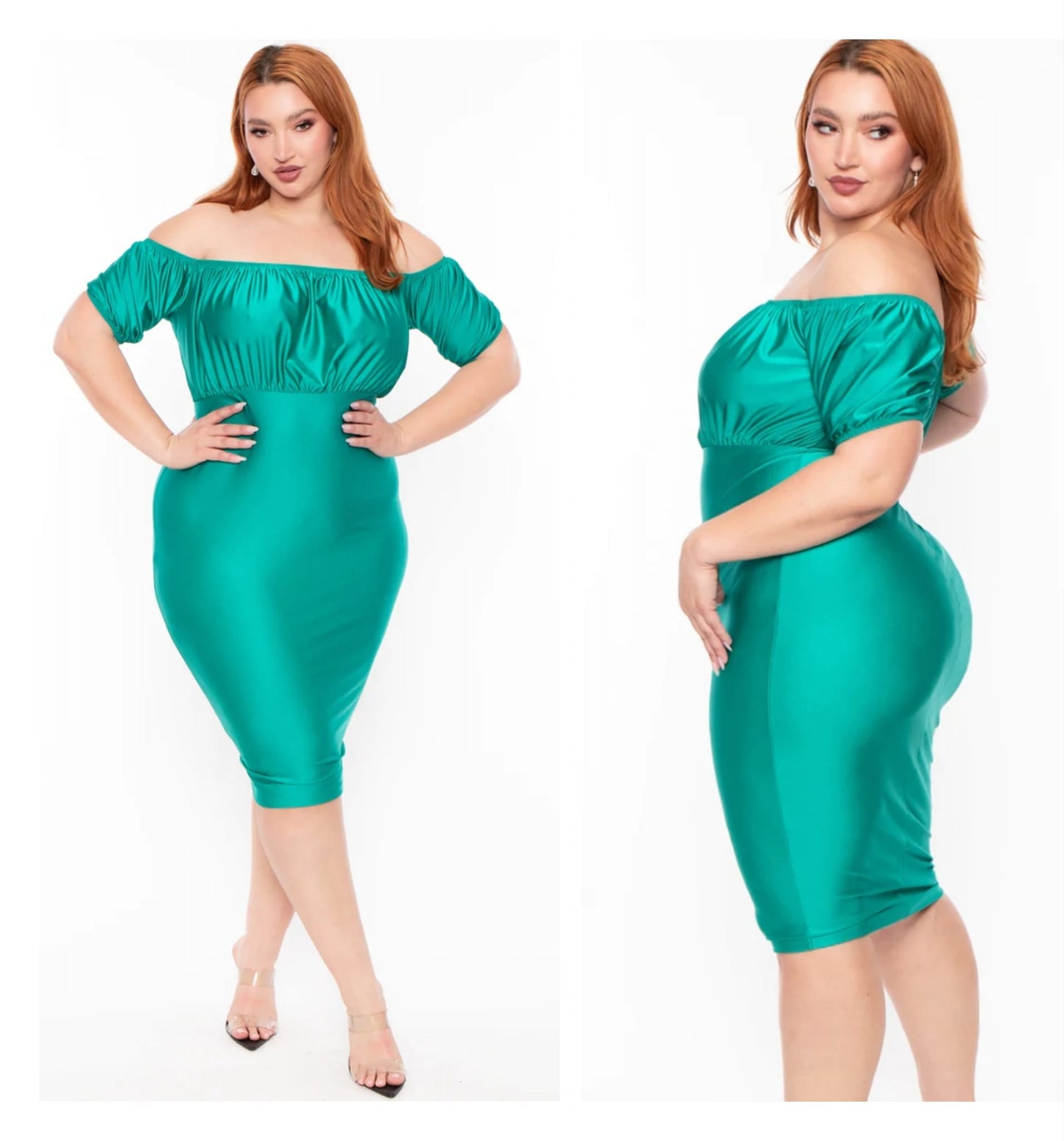 OFF SHOULDER SATIN BODYCON DRESS