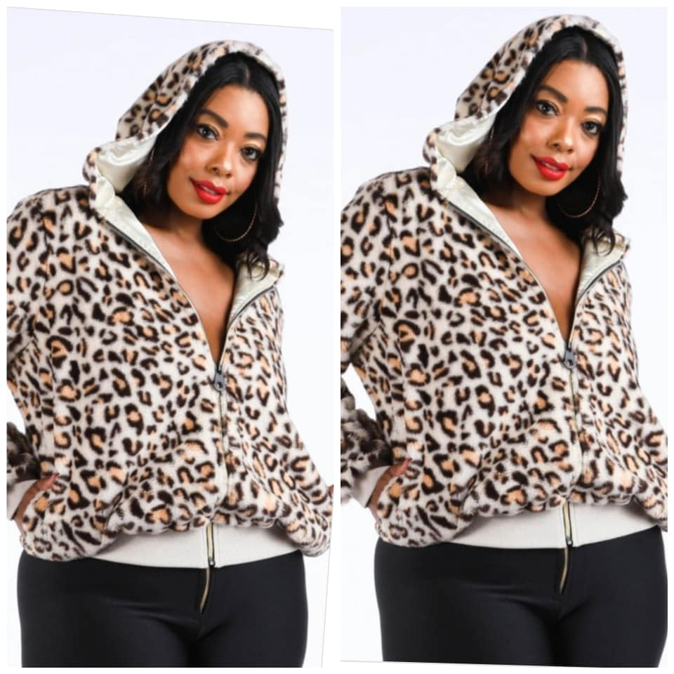 LEOPARD FAUX FUR HOODIE