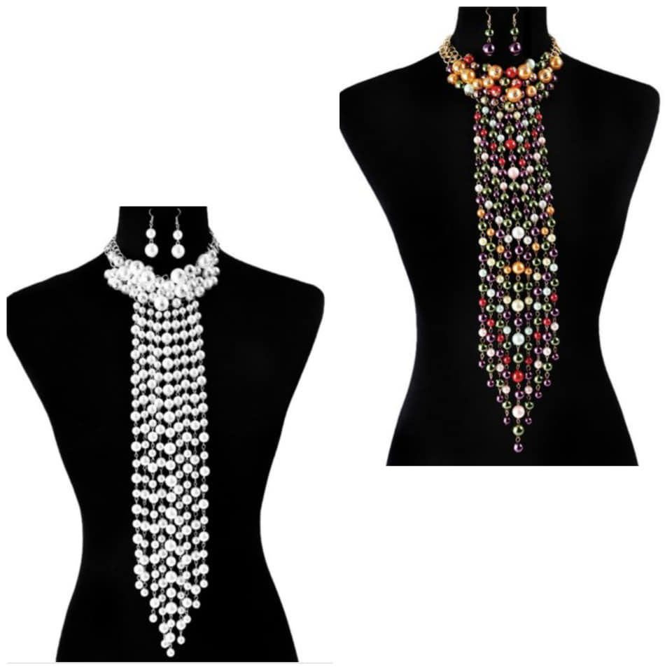 PEARL FRINGE CHOKER TIE NECKLACE SET