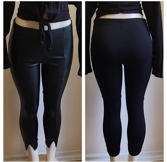 FAUX LEATHER/CLOTH SLIT LEGGINGS