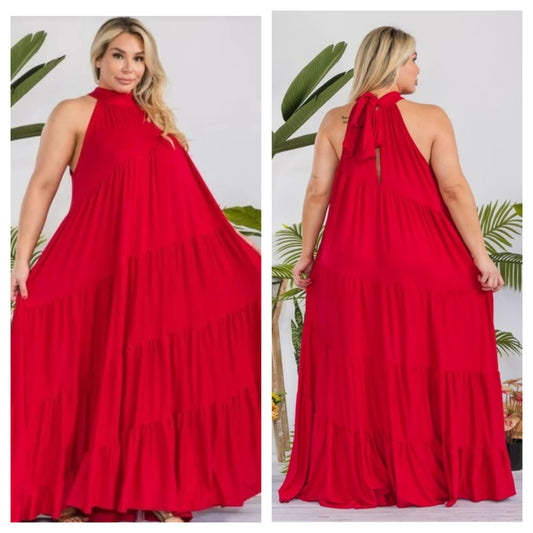 RED HALTER MAXI DRESS