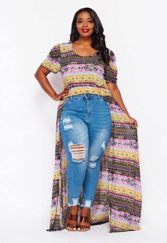 MULTI-COLOR PUFF SLEEVES FLARE TOP