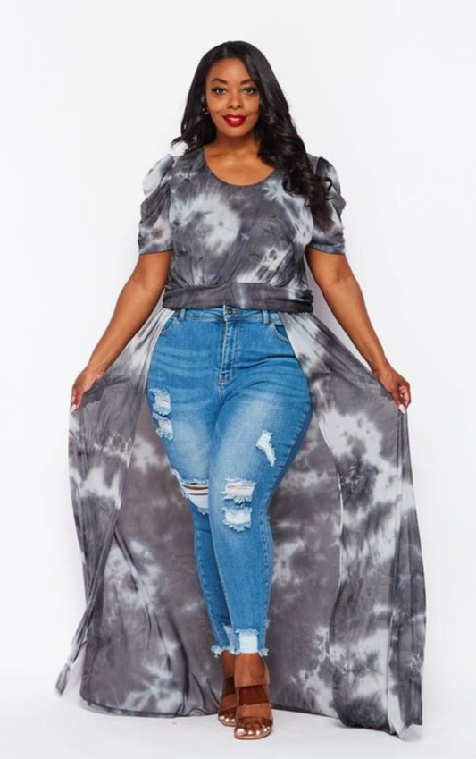 GREY PUFF SLEEVES MAXI FLARE TOP