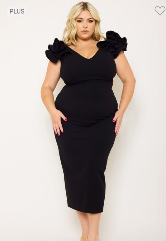 RUFFLE SHOULDER MIDI DRESS
