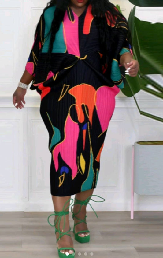 MULTI-COLOR BATWING PLEATED CHIFFON  DRESS