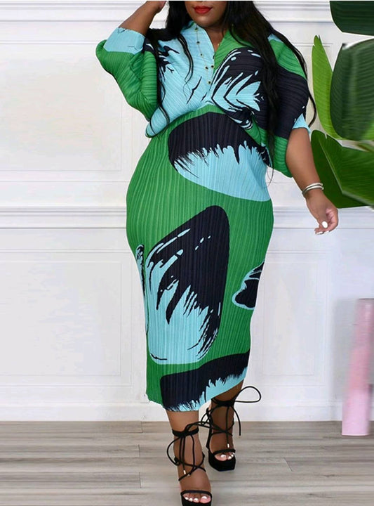 GREEN BATWING PLEATED CHIFFON  DRESS