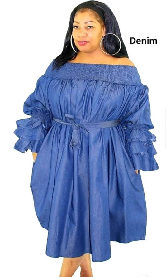 OFF SHOULDER MULTI-LAYERED DENIM DRESS (FITS SMALL-3X)