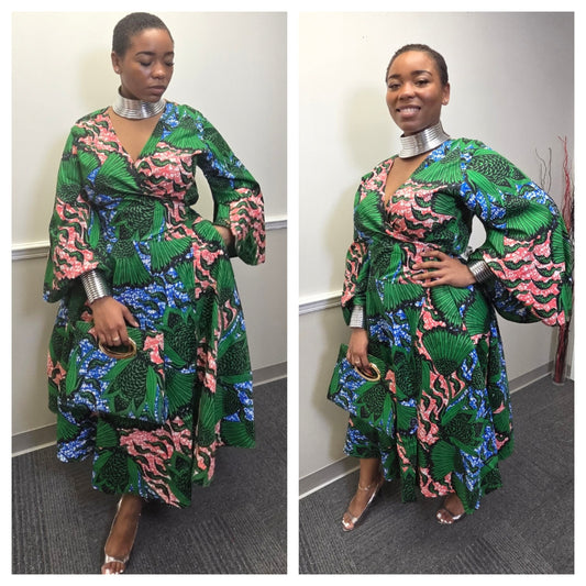 LONG WRAP AFRICAN DRESS WITH  MATCHING HAND BAG (FIT SMALL-3X)