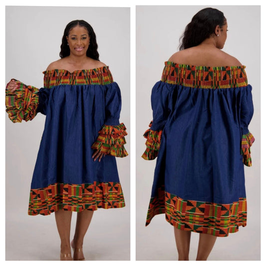 DENIM KENTE PRINT DRESS (FITS SMALL-3X)