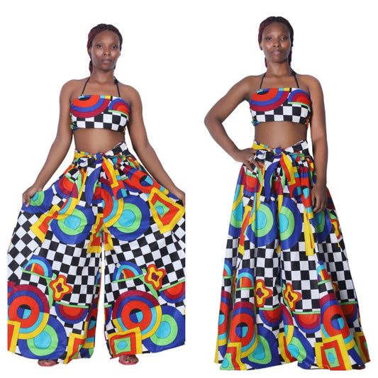 CHECKERED AFRICAN PRINT PALZZO PANTS (FITS SMALL-3X)