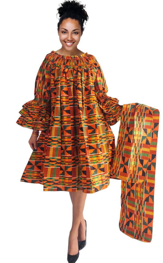 KENTE RUFFLE SLEEVES DRESS (FITS SMALL-3X)