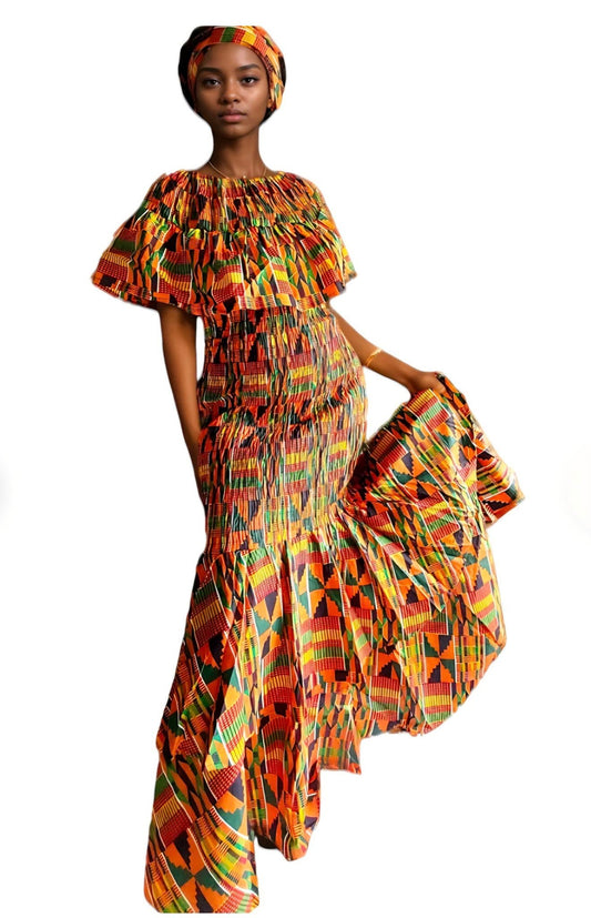OFF SHOULDER KENTE MAXI DRESS -1 (FITS SMALL-3X)