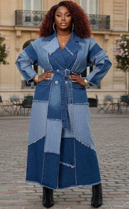PATCHWORK OVERSIZE DENIM TRENCH COAT