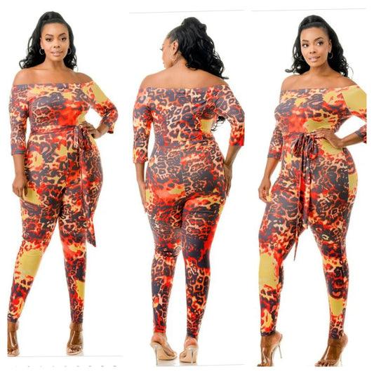 OFF SHOULDER ANIMAL PRINT WAIST TIE JUMPER