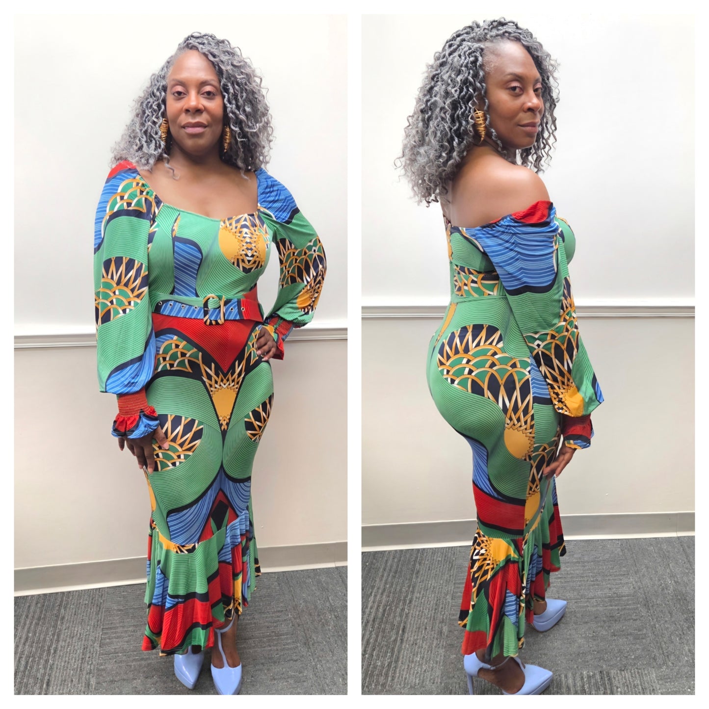 MULTI-COLOR OFF SHOULDER DRESS