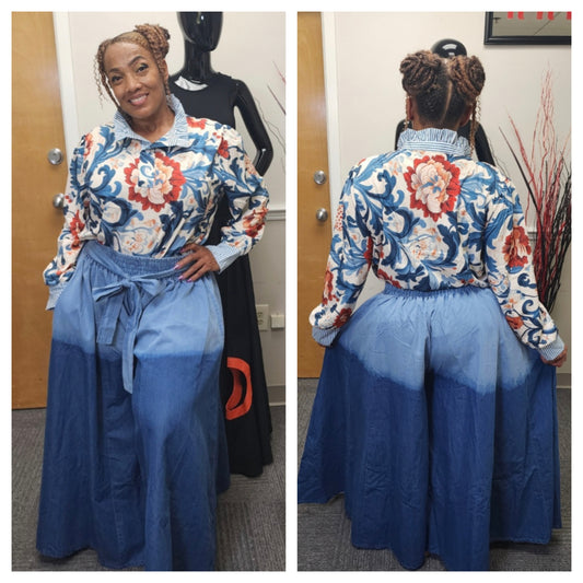 TWO TONE DENIM WIDE LEG PANTS