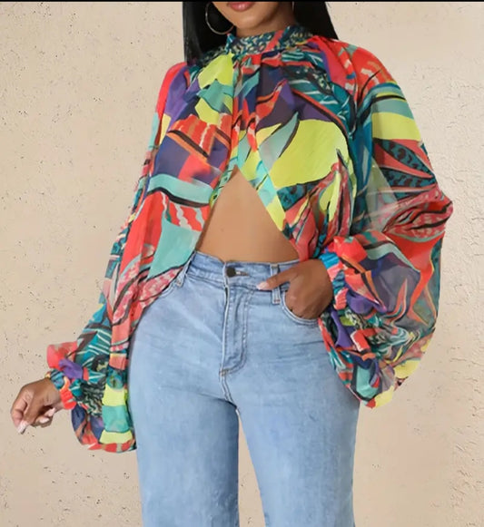 GRAPHIC MULTI-COLOR SHEER TOP