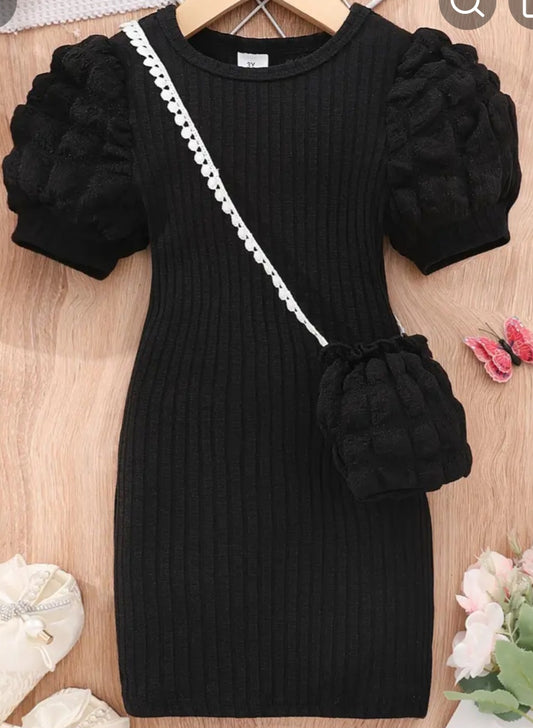 POPCORN SLEEVES DRESS WITH A CROSS BODY BAG