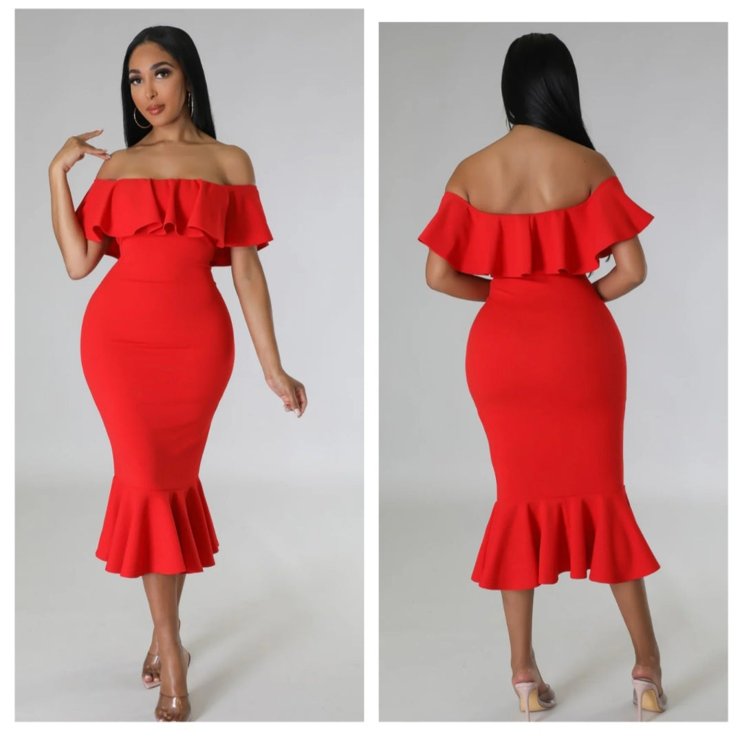 OFF SHOULDER RUFFLE BODYCON