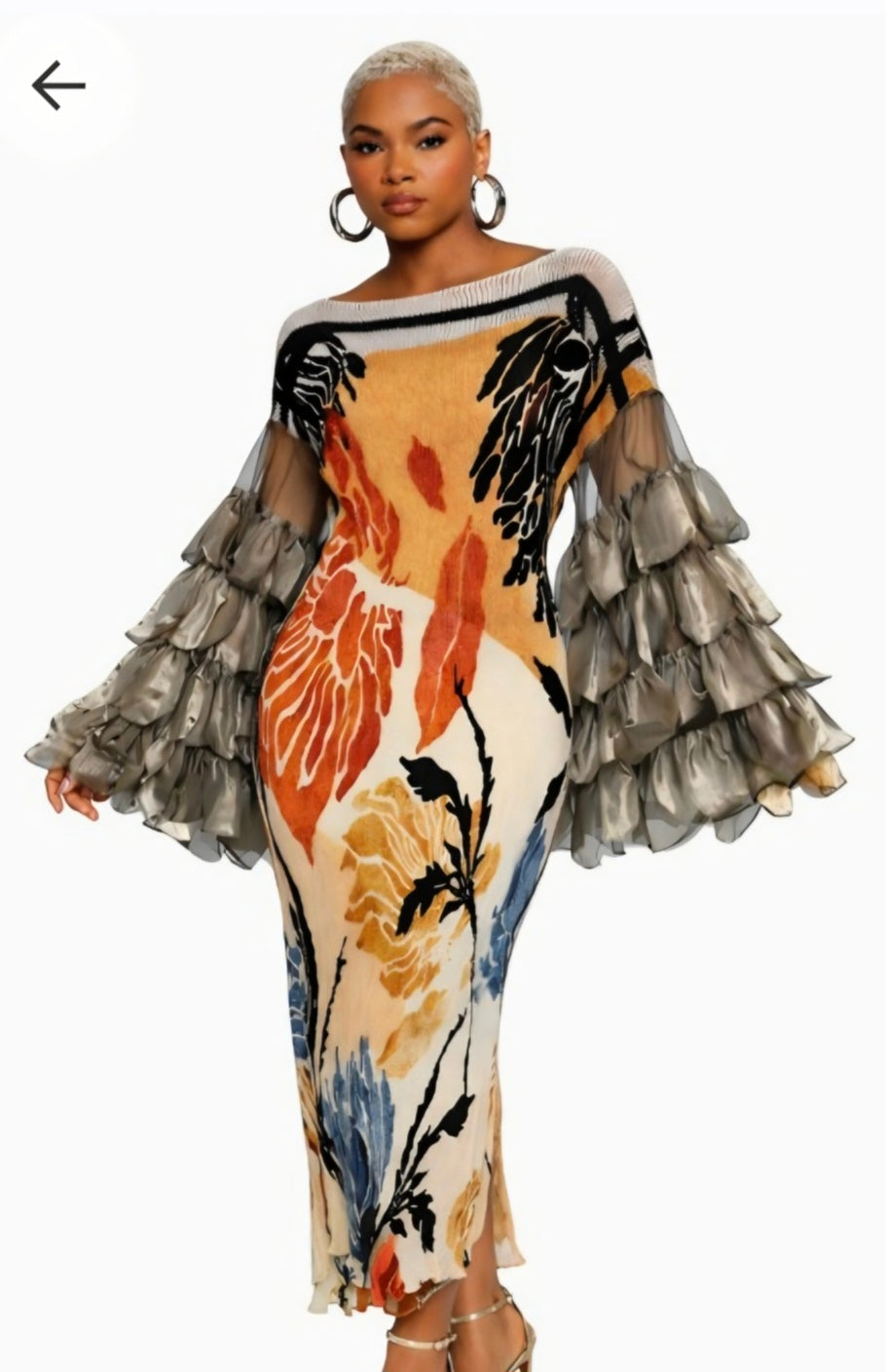 GOLDEN BLOOM RUFFLE SLEEVES DRESS
