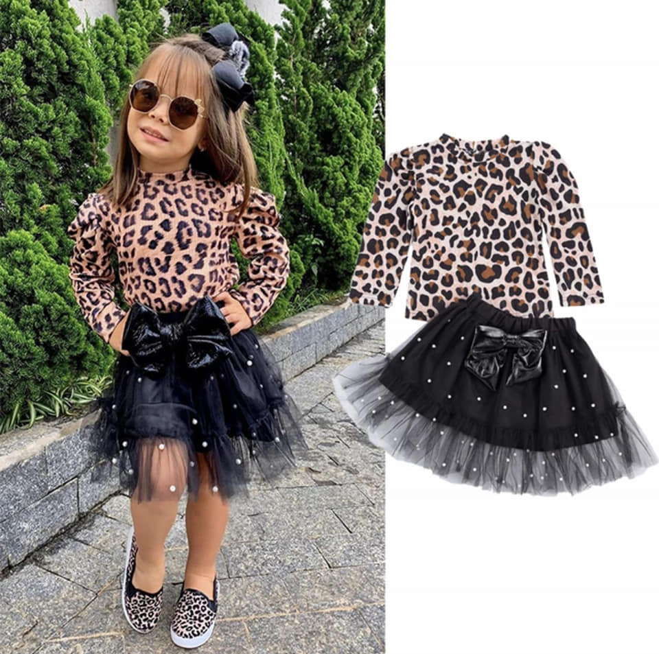 LEOPARD PRINT PULLOVER PEARL SKIRT SET