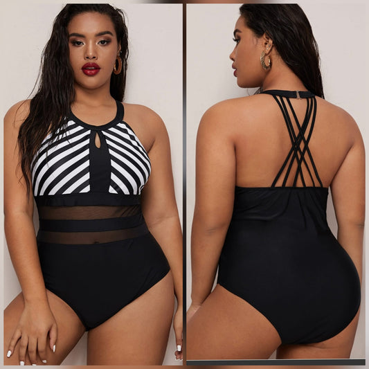 STRIPPED MESH SWIMSUIT