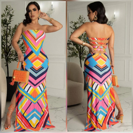 SPLIT HEM STRAPLESS MAXI DRESS