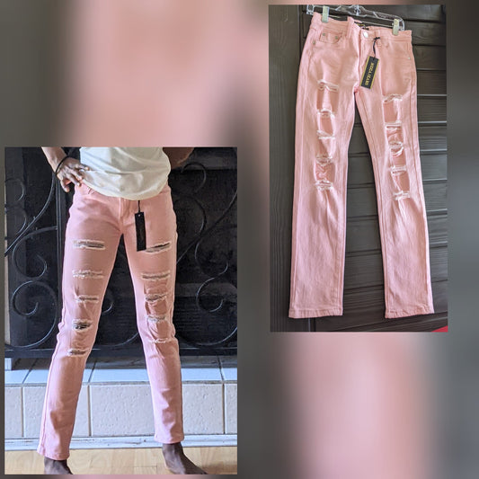 PINK SHREDDED DENIM JEANS