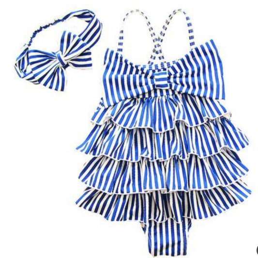 2-PIECE STRIPED BOWKNOT SWIMSET WITH HEADBAND
