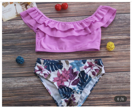 2-PIECE RUFFLE LEAF PRINT SWIM SET