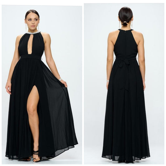 RHINESTONE SLIT MAXI DRESS