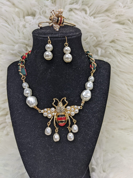 BUMBLE BEE PEARL NECKLACE, BRACELET & EARRING SET #3