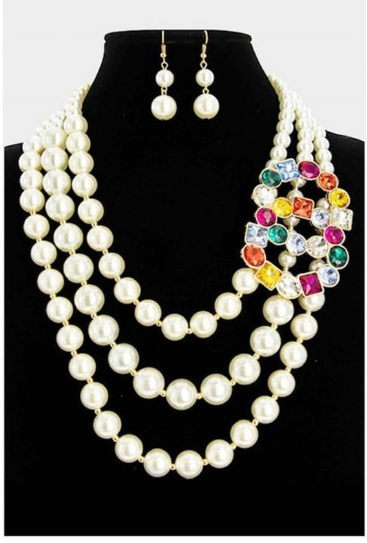 3-LAYERED MULTI-COLOR PEARL NECKLACE SET