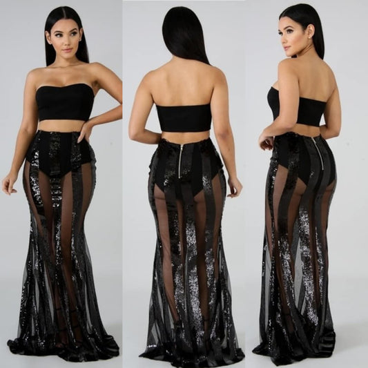 SEQUIN STRIPE MAXI SKIRT SET