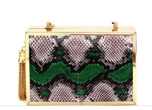 METAL TASSEL ACCENT SNAKE PRINT CLUTCH