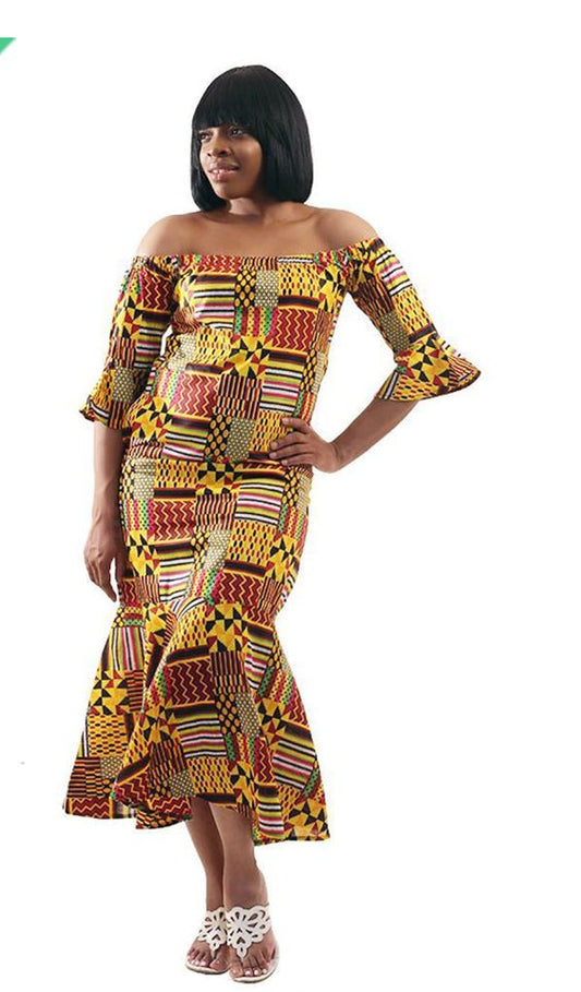 MIXED KENTE OFF THE SHOULDER DRESS