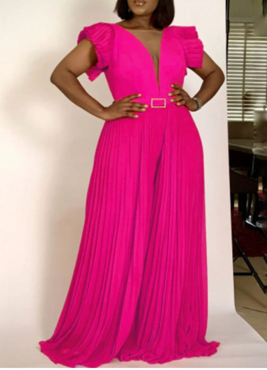V-NECK PLEATED WIDE LEG JUMPER  (PLUS SIZE)
