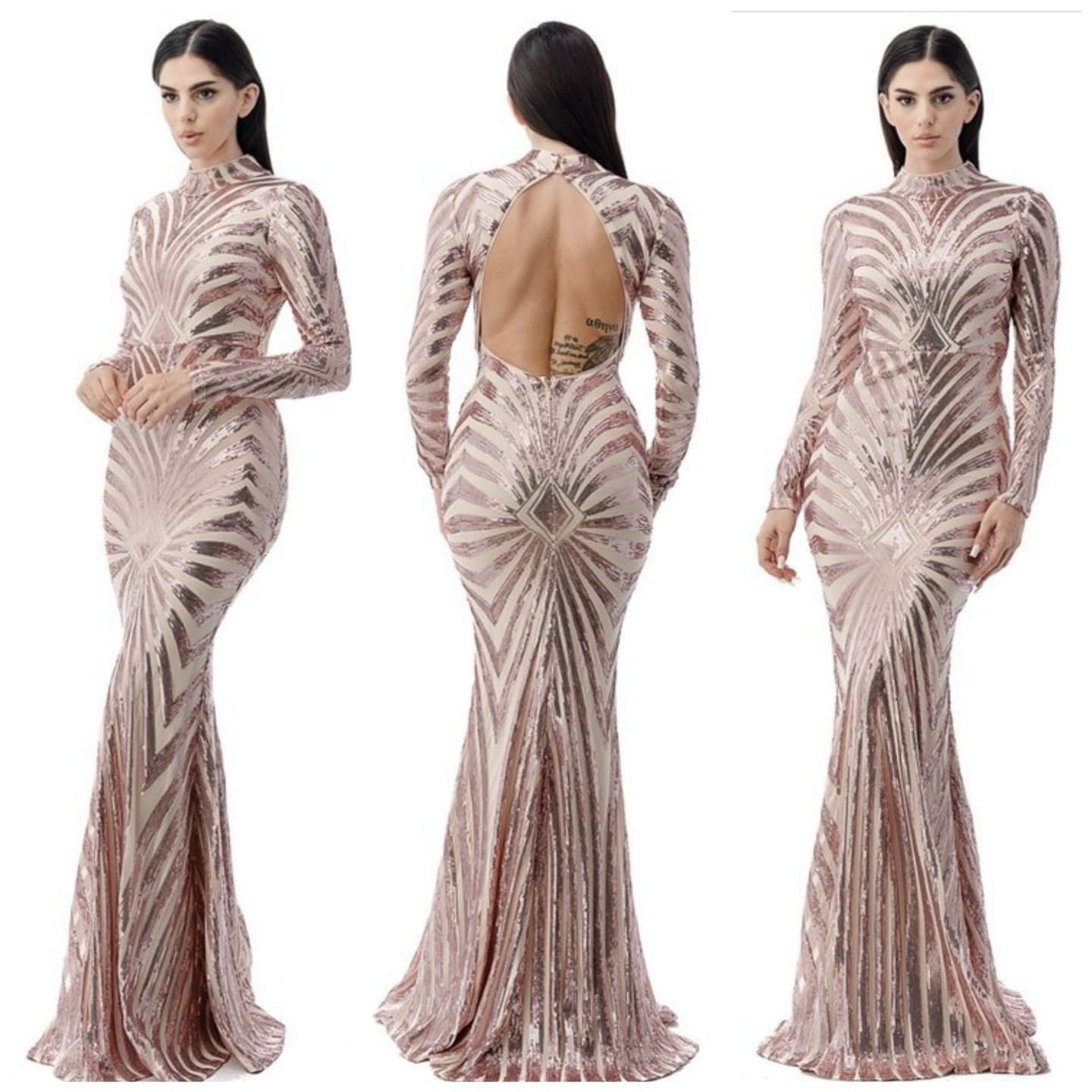 MOCK NECK SEQUIN OPEN BACK MAXI DRESS